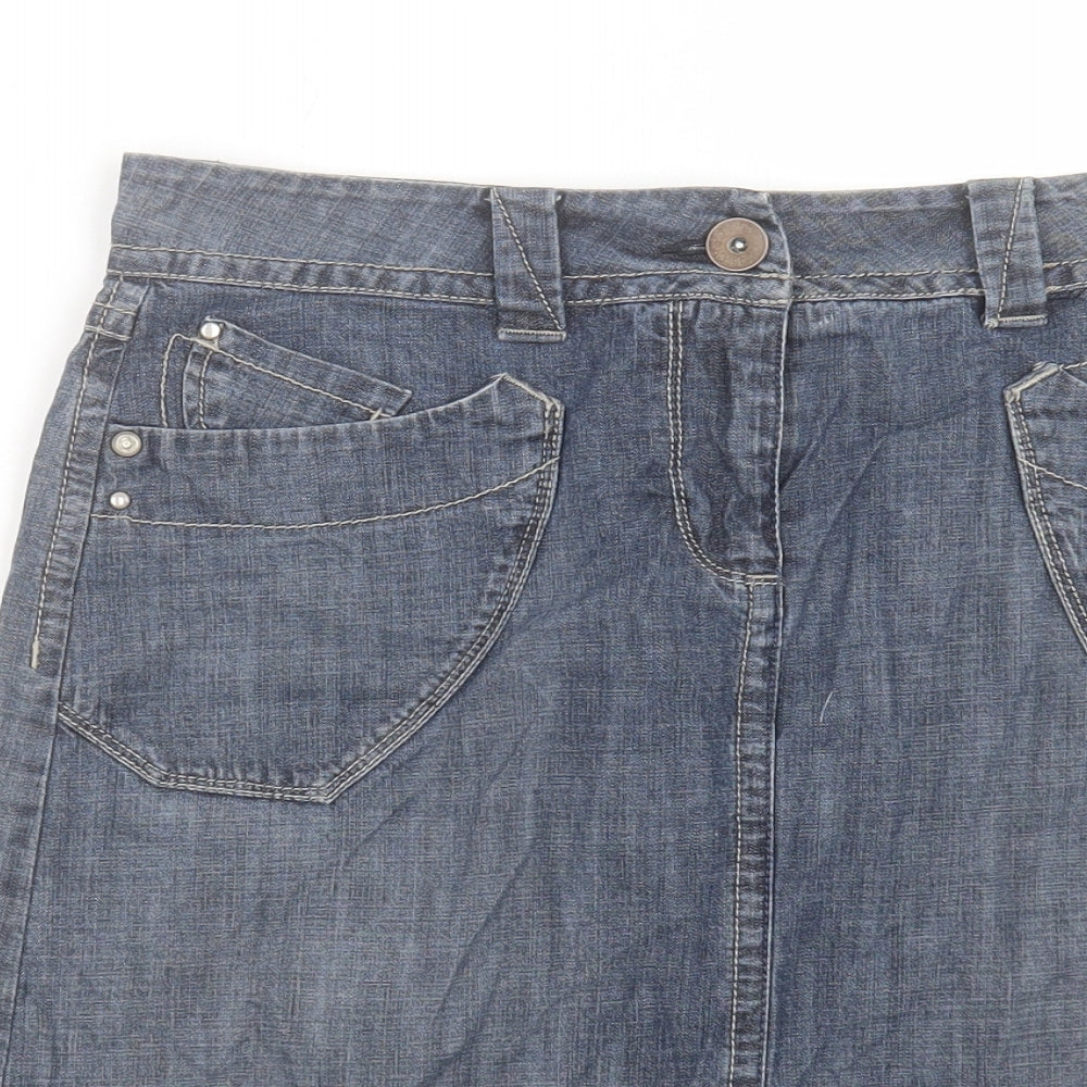 Marks and Spencer Womens Blue Cotton A-Line Skirt Size 8 Button