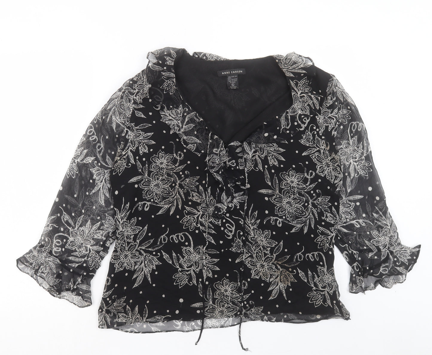 Anne Carson Womens Black Floral Polyester Basic Blouse Size XL V-Neck