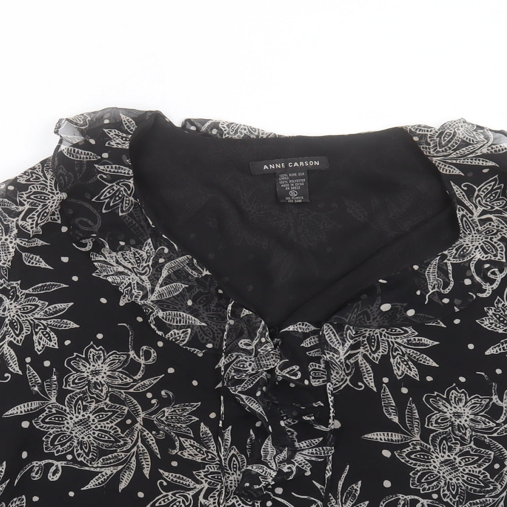 Anne Carson Womens Black Floral Polyester Basic Blouse Size XL V-Neck