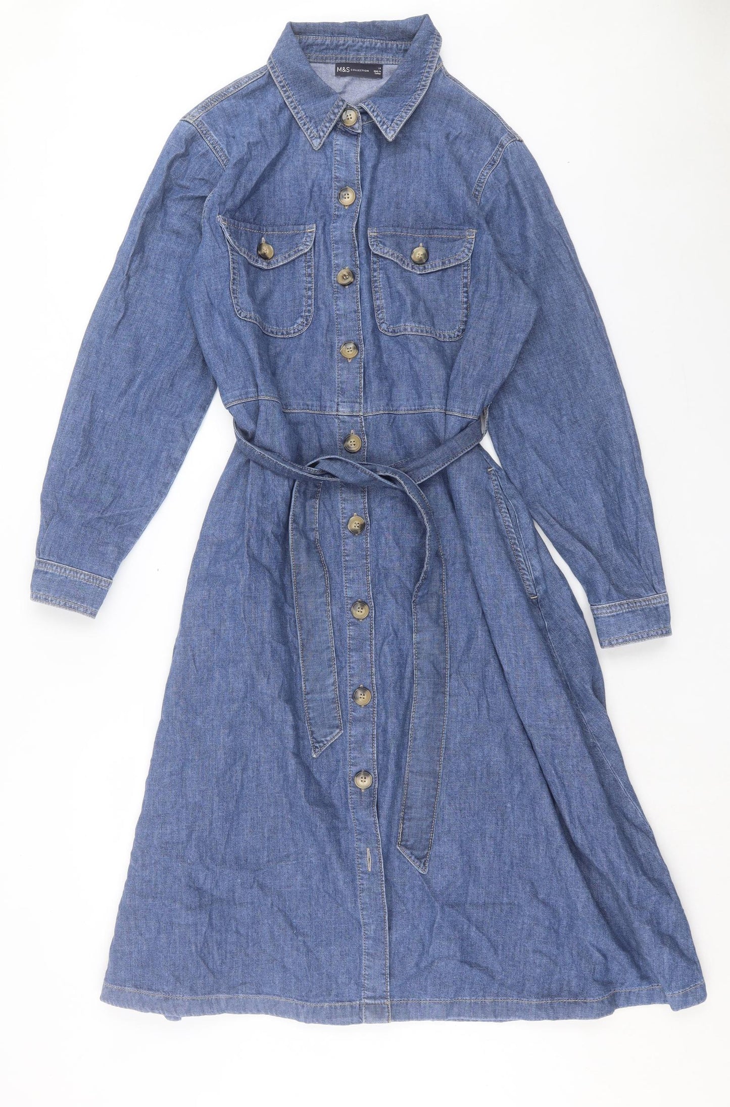 Marks and Spencer Womens Blue Cotton A-Line Size 14 Collared Button