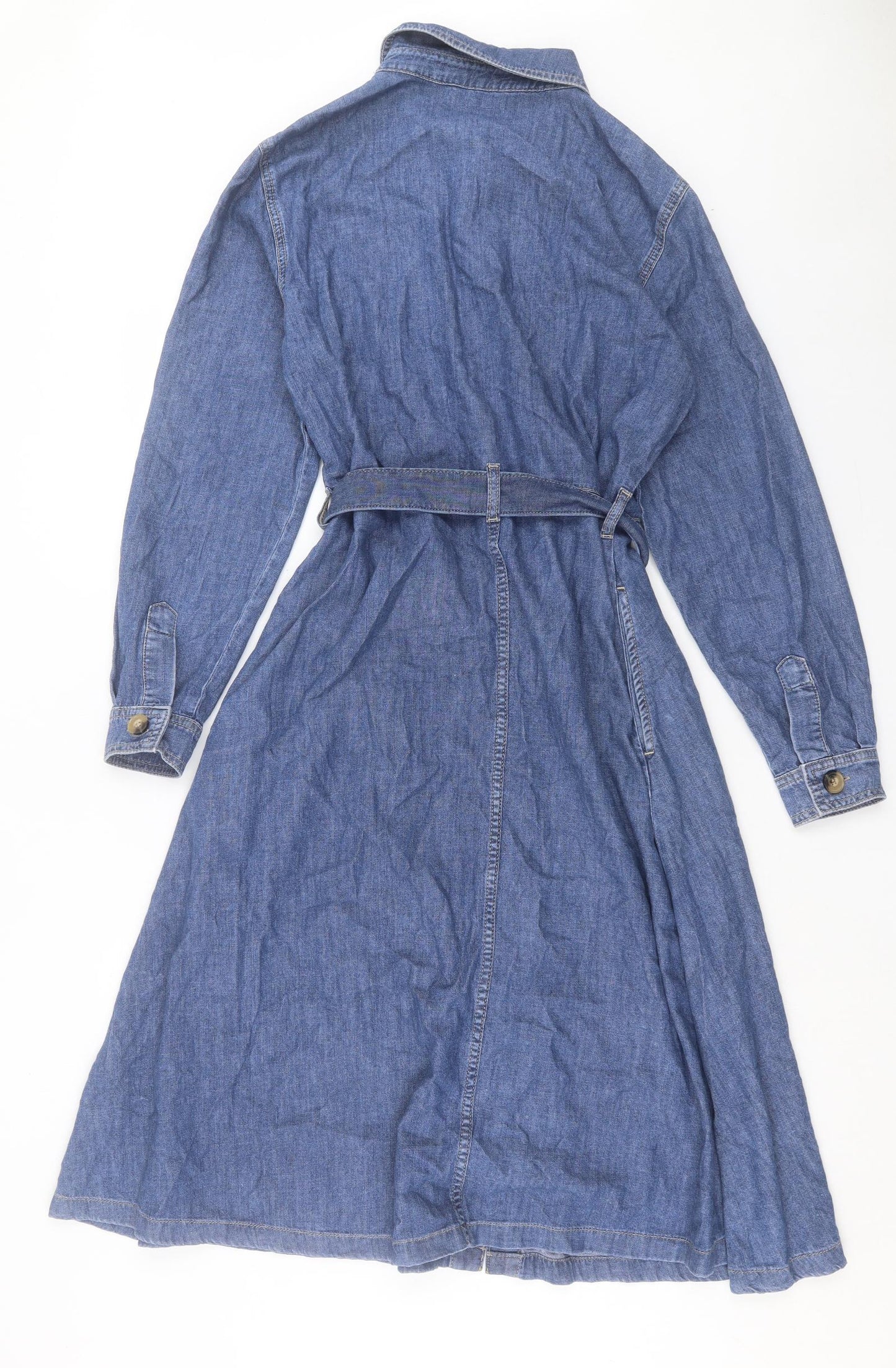 Marks and Spencer Womens Blue Cotton A-Line Size 14 Collared Button