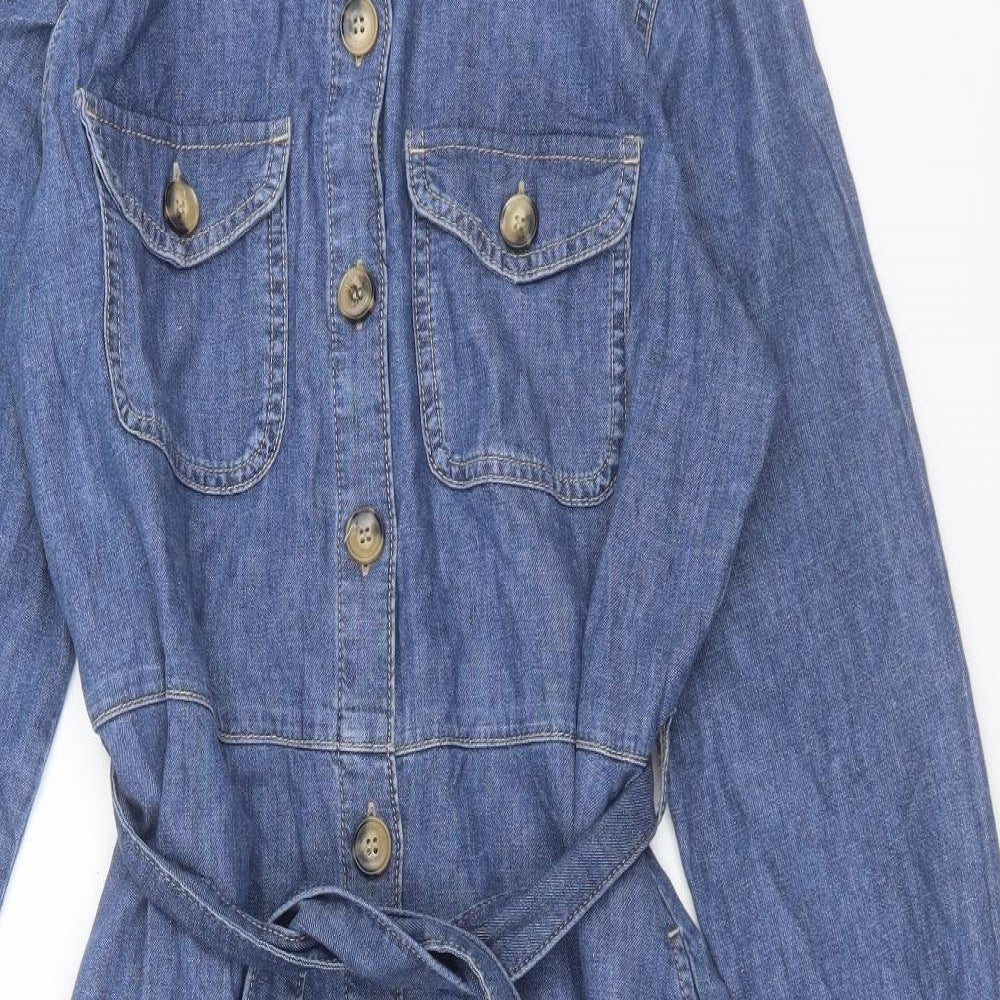 Marks and Spencer Womens Blue Cotton A-Line Size 14 Collared Button