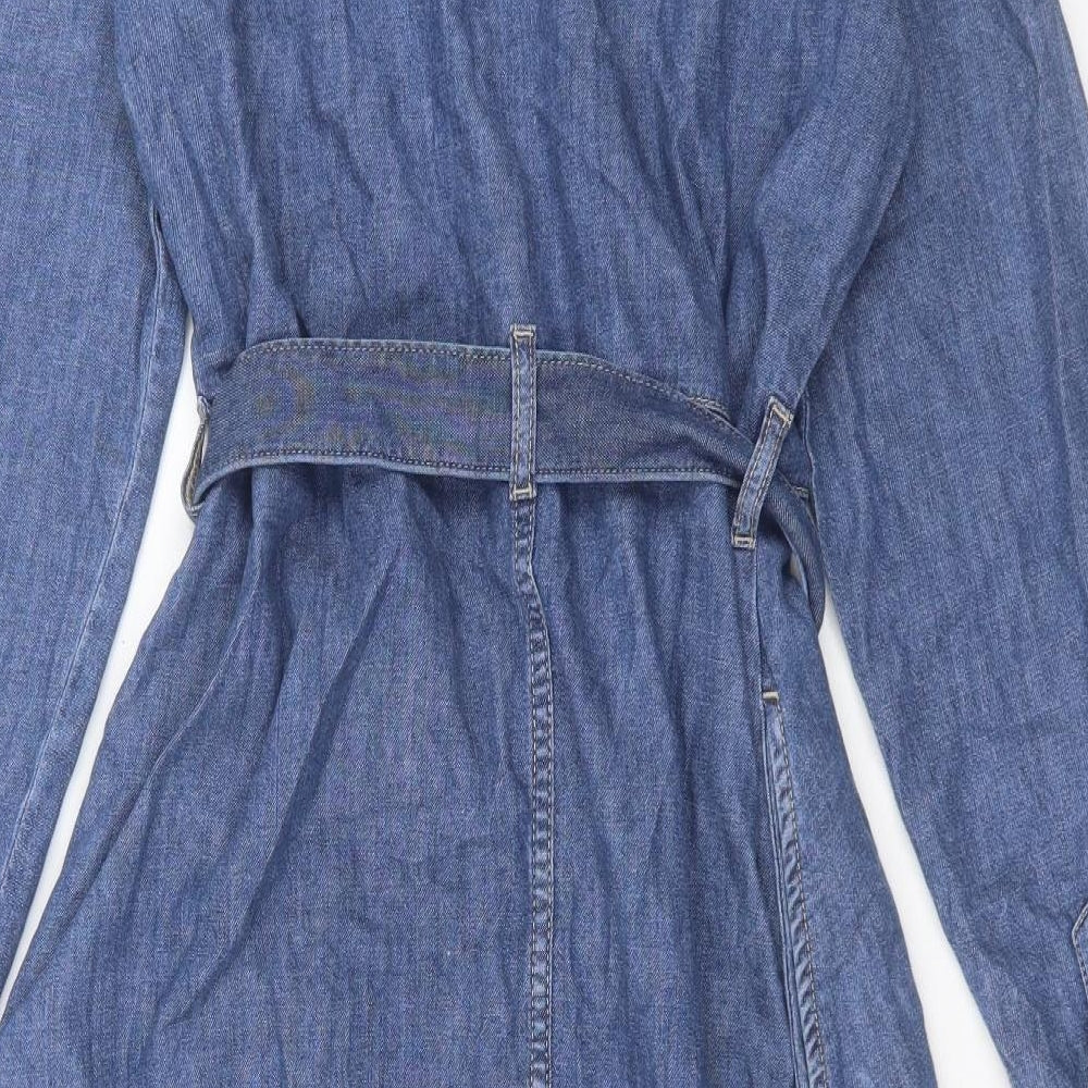 Marks and Spencer Womens Blue Cotton A-Line Size 14 Collared Button