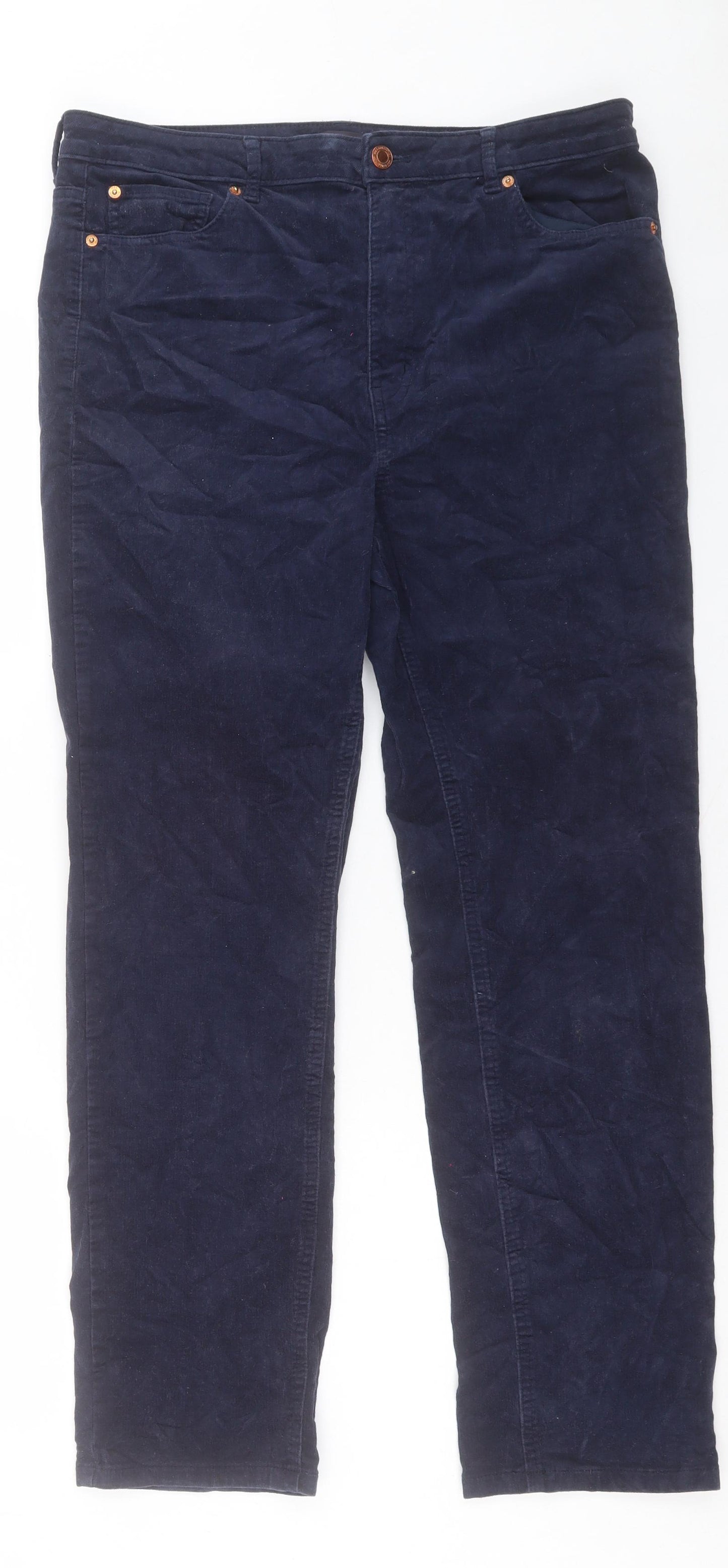 Marks and Spencer Womens Blue Cotton Trousers Size 16 L30 in Regular Button