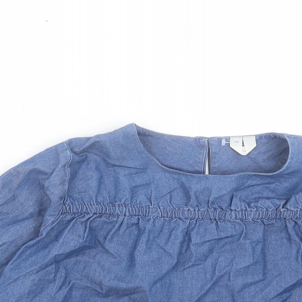 Arket Girls Blue Cotton Basic Blouse Size 6 Years Crew Neck Button