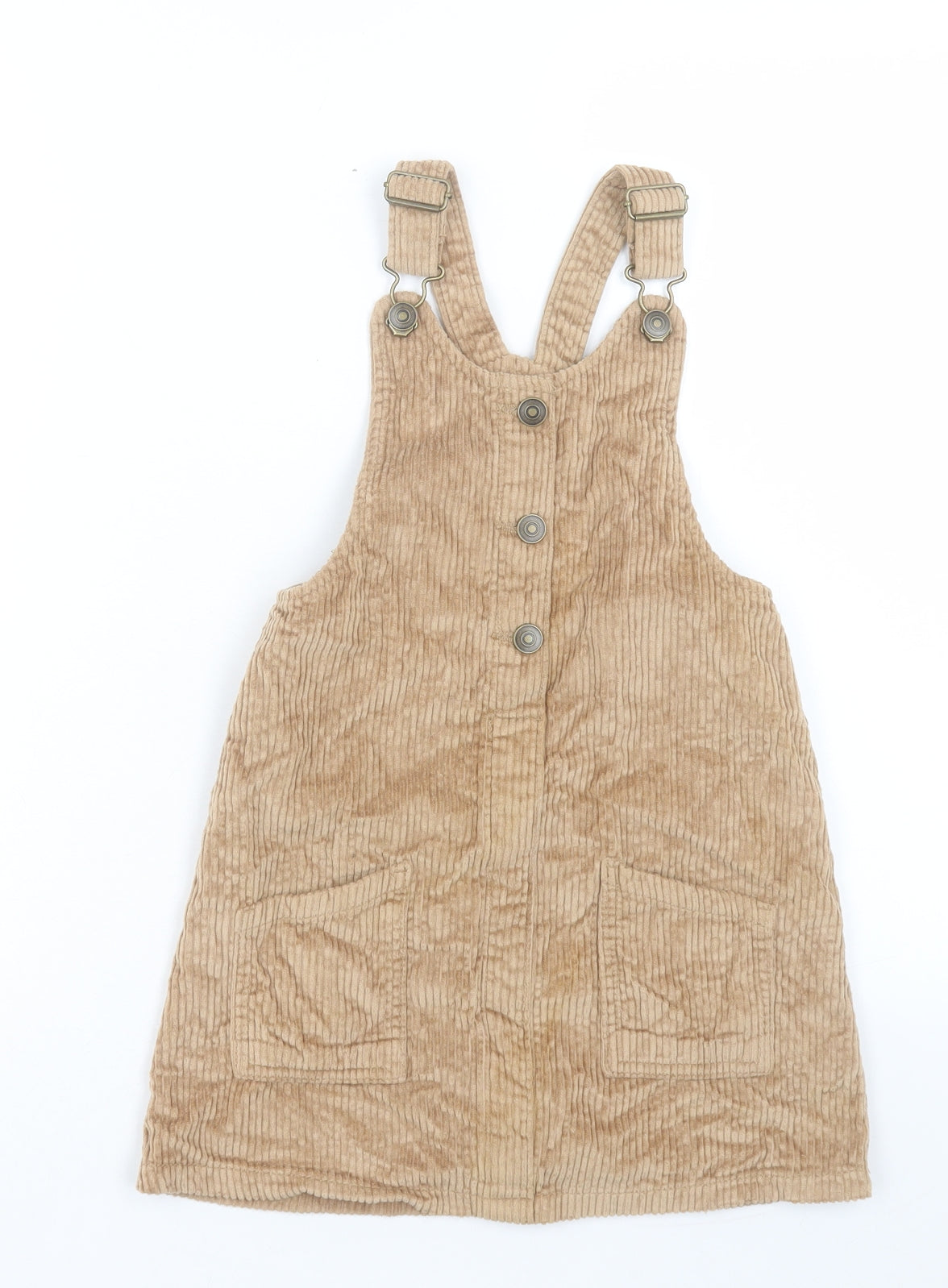 F&F Girls Brown Cotton Pinafore/Dungaree Dress Size 6-7 Years Scoop Neck Button