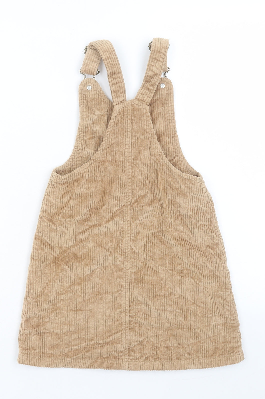 F&F Girls Brown Cotton Pinafore/Dungaree Dress Size 6-7 Years Scoop Neck Button