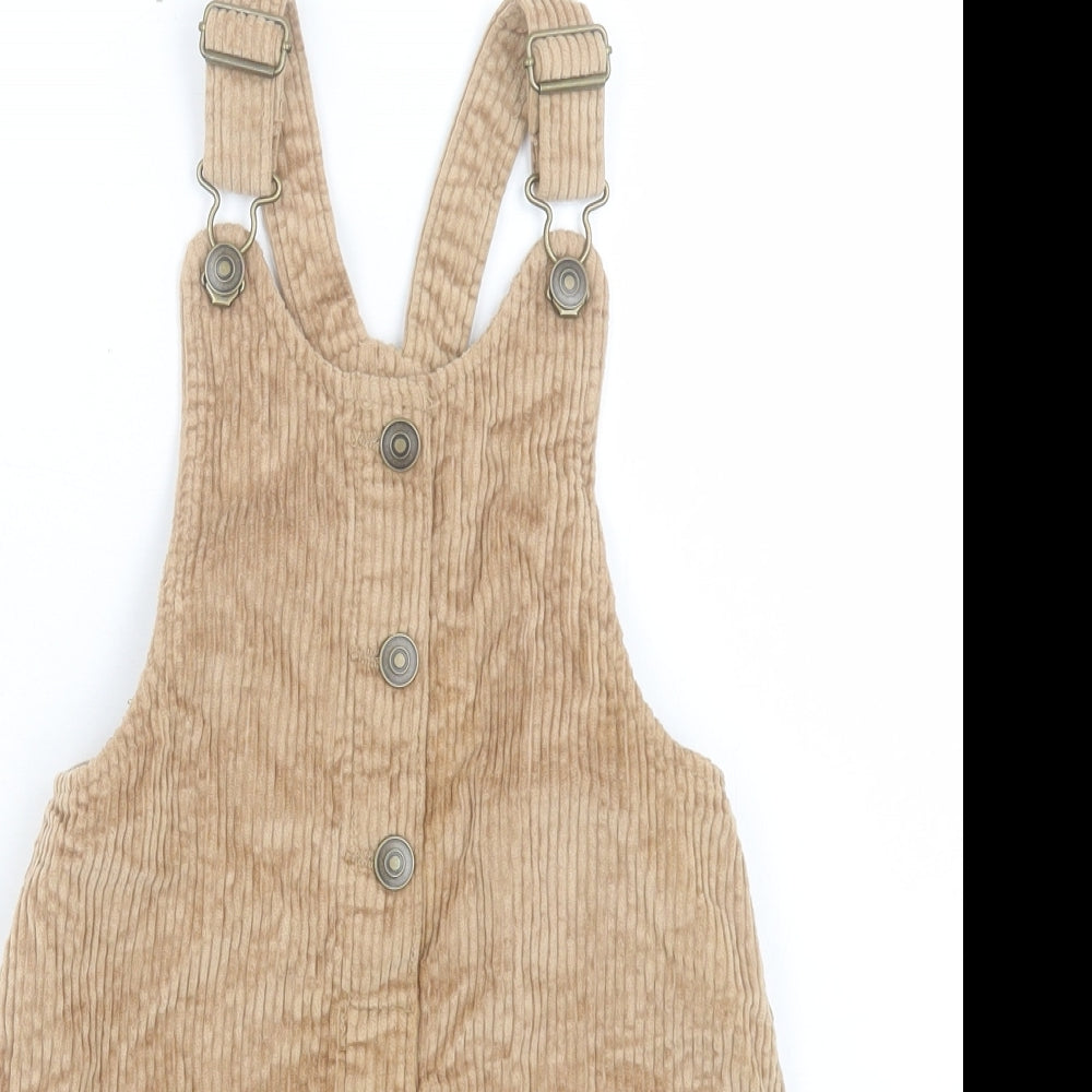 F&F Girls Brown Cotton Pinafore/Dungaree Dress Size 6-7 Years Scoop Neck Button