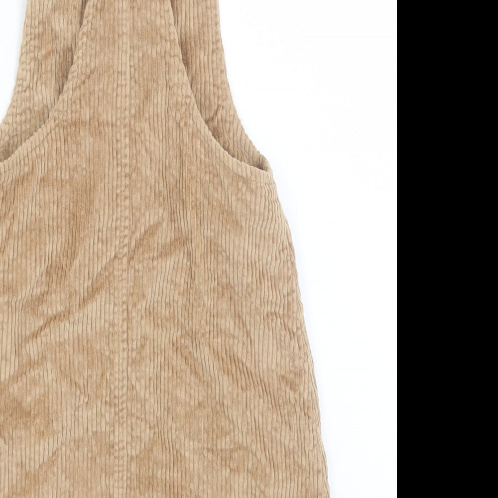 F&F Girls Brown Cotton Pinafore/Dungaree Dress Size 6-7 Years Scoop Neck Button