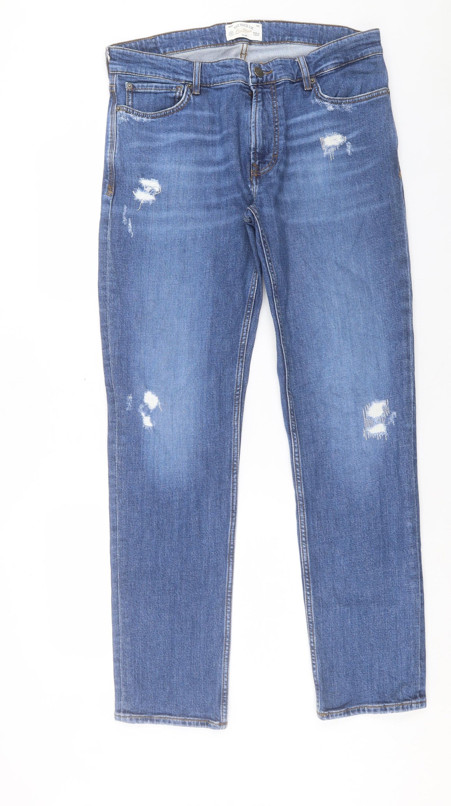 Fat Face Mens Blue Cotton Straight Jeans Size 34 in L33 in Regular Button - Long Leg