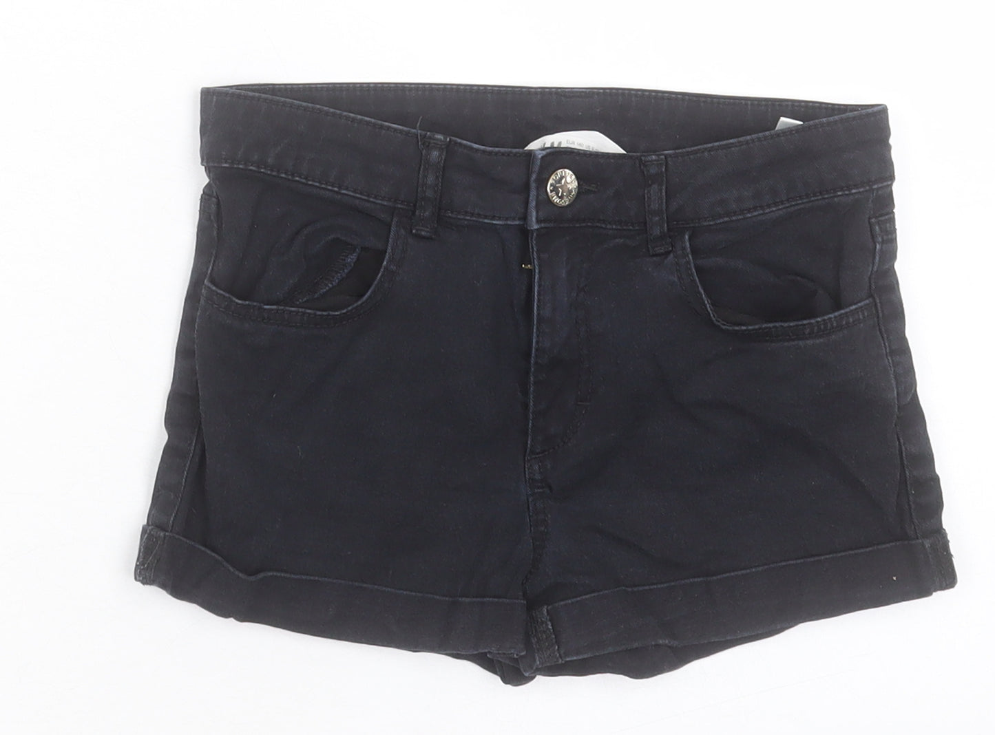 H&M Girls Black Cotton Boyfriend Shorts Size 9-10 Years Regular Buckle