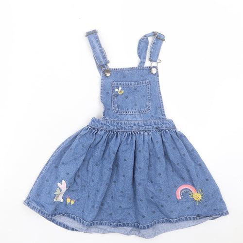 NEXT Girls Blue Polka Dot Cotton Pinafore/Dungaree Dress Size 6-7 Years Square Neck Buckle