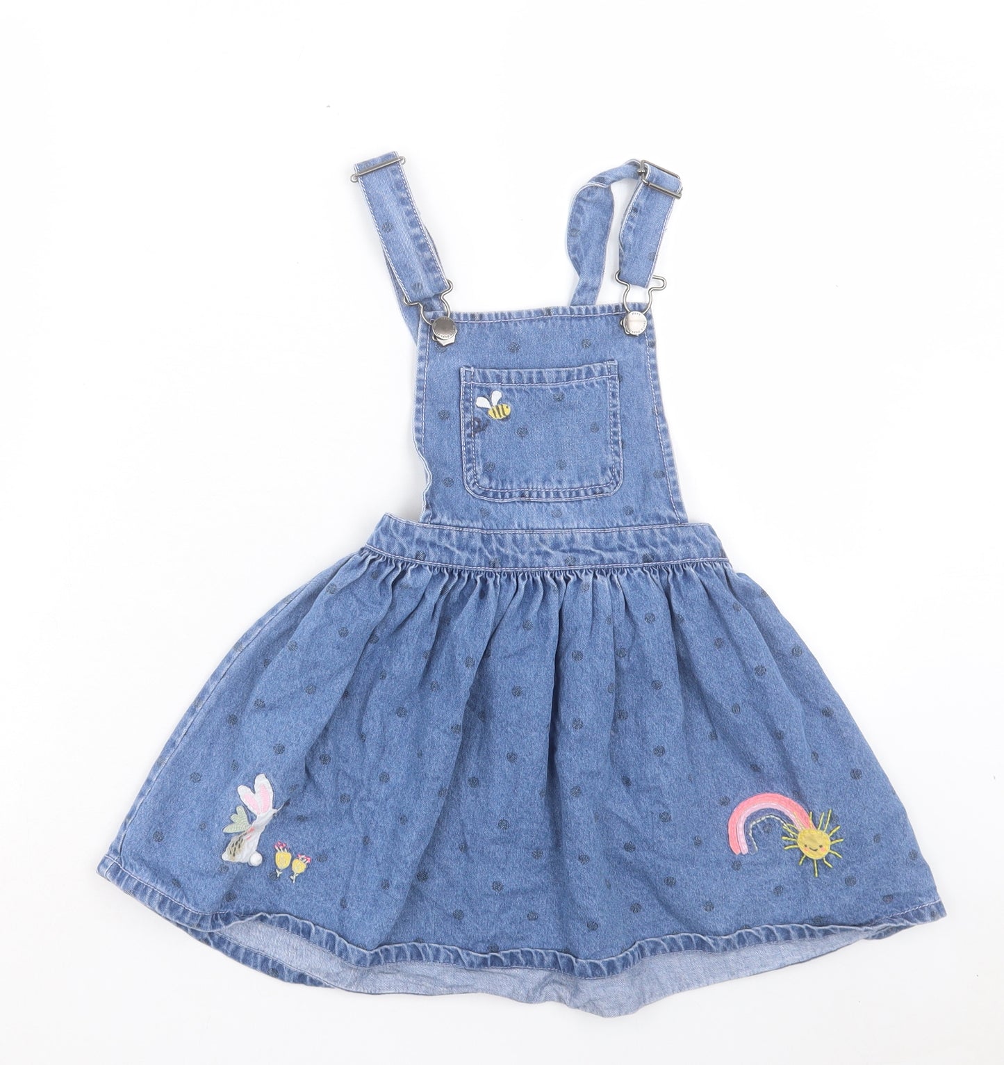 NEXT Girls Blue Polka Dot Cotton Pinafore/Dungaree Dress Size 6-7 Years Square Neck Buckle
