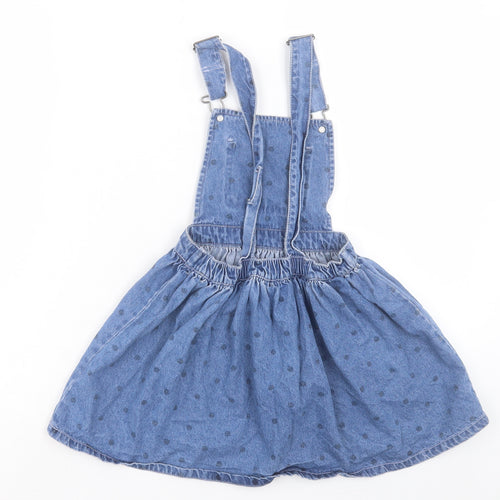NEXT Girls Blue Polka Dot Cotton Pinafore/Dungaree Dress Size 6-7 Years Square Neck Buckle