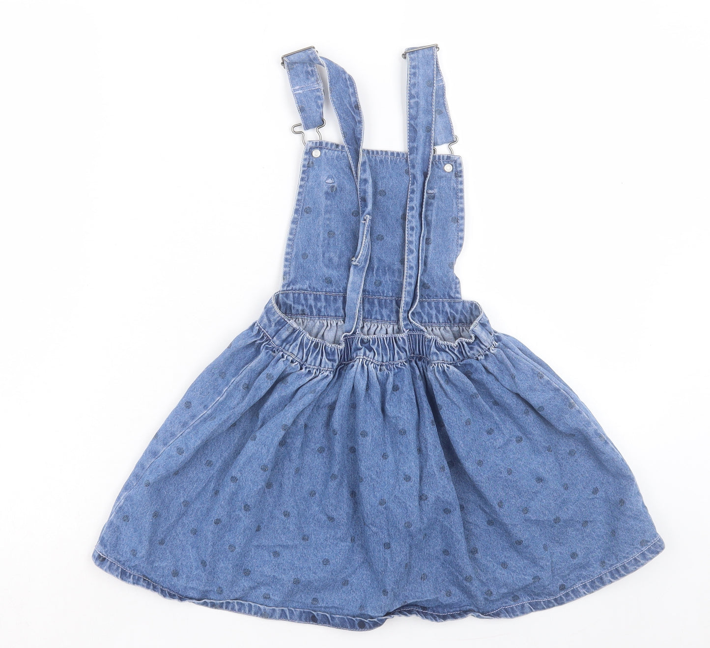 NEXT Girls Blue Polka Dot Cotton Pinafore/Dungaree Dress Size 6-7 Years Square Neck Buckle