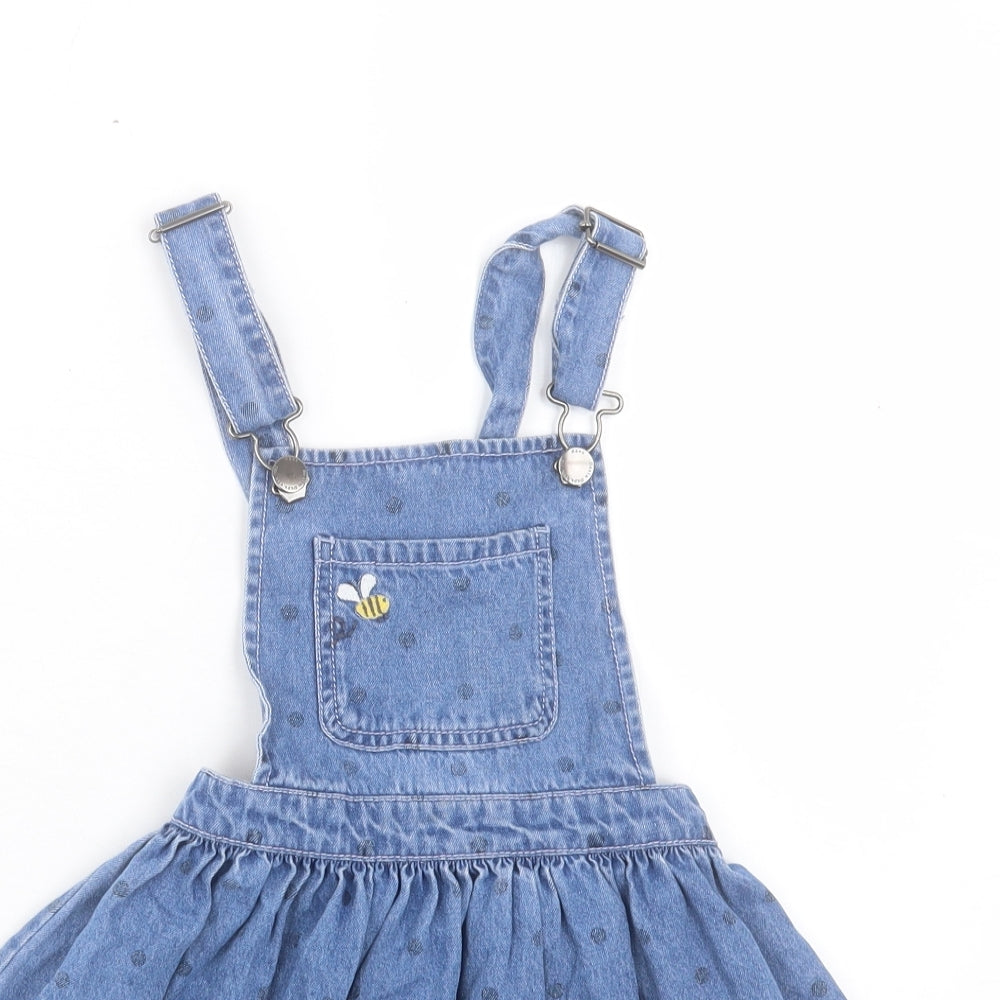 NEXT Girls Blue Polka Dot Cotton Pinafore/Dungaree Dress Size 6-7 Years Square Neck Buckle
