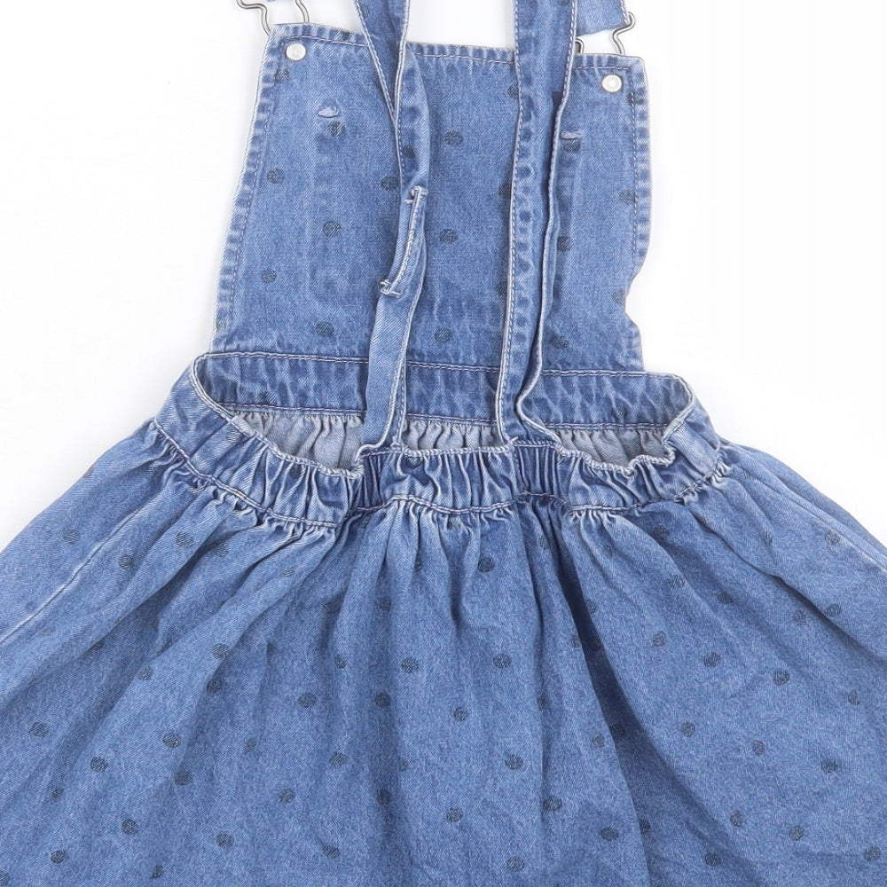 NEXT Girls Blue Polka Dot Cotton Pinafore/Dungaree Dress Size 6-7 Years Square Neck Buckle
