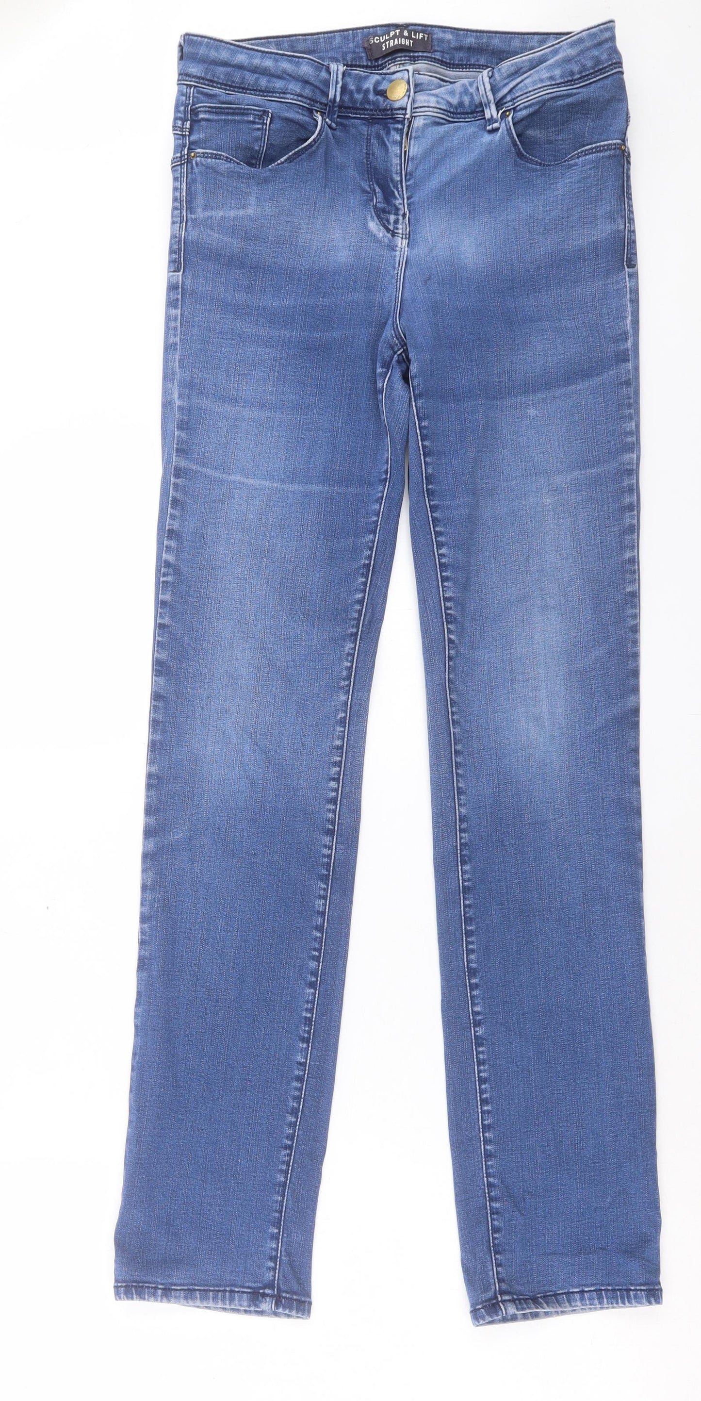 Marks and Spencer Womens Blue Cotton Straight Jeans Size 12 L31 in Regular Button - Lift & Shape