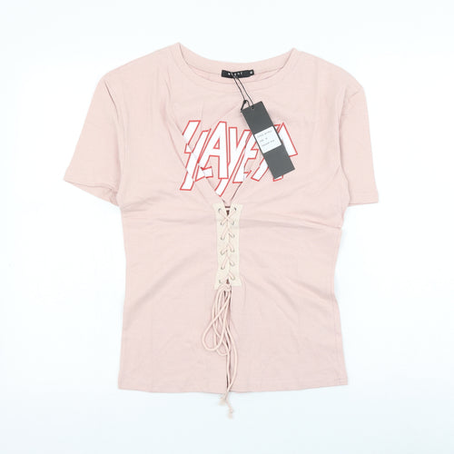 Eight Womens Pink Cotton Basic T-Shirt Size M Round Neck - Slayer Lace Up