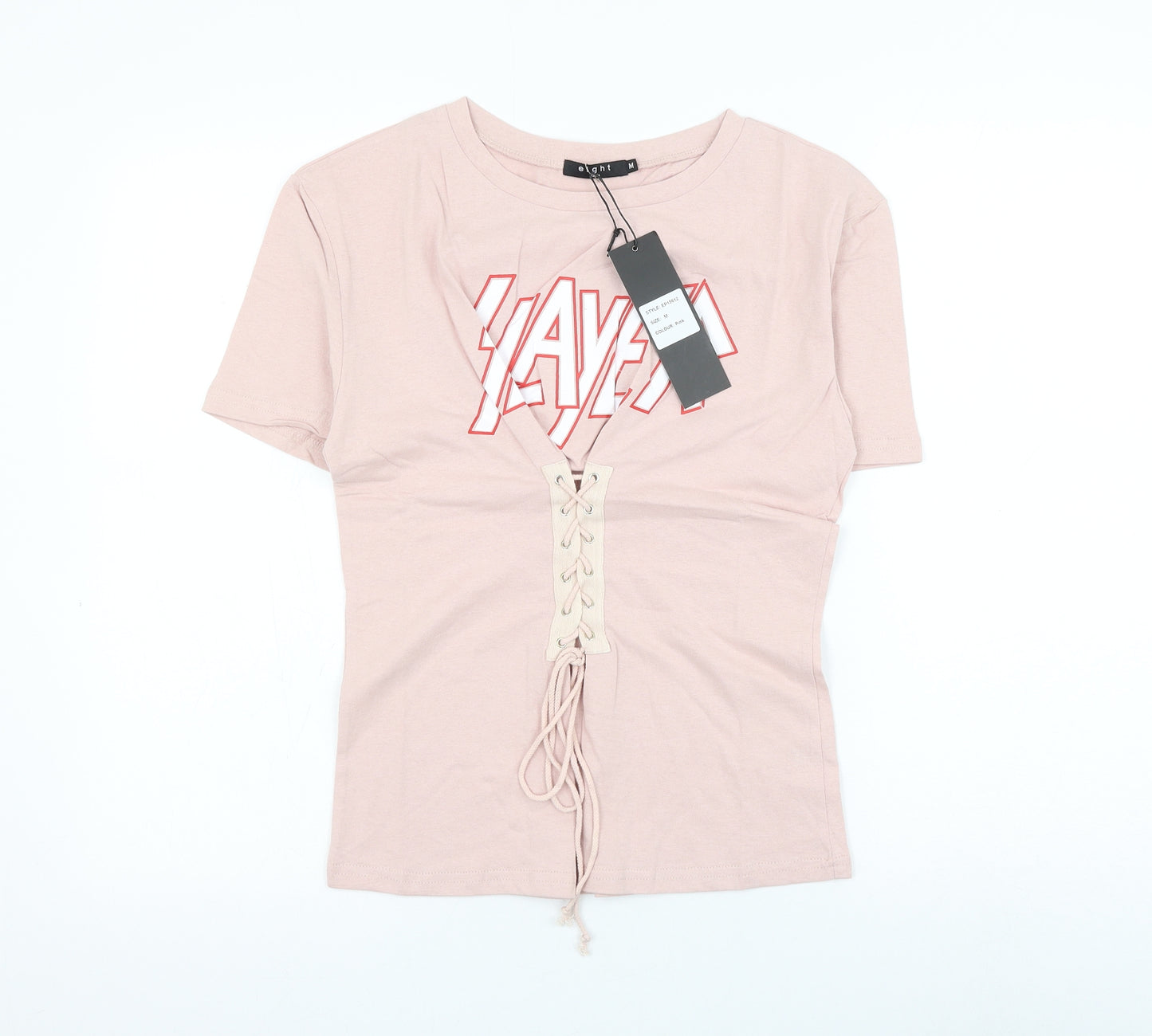 Eight Womens Pink Cotton Basic T-Shirt Size M Round Neck - Slayer Lace Up