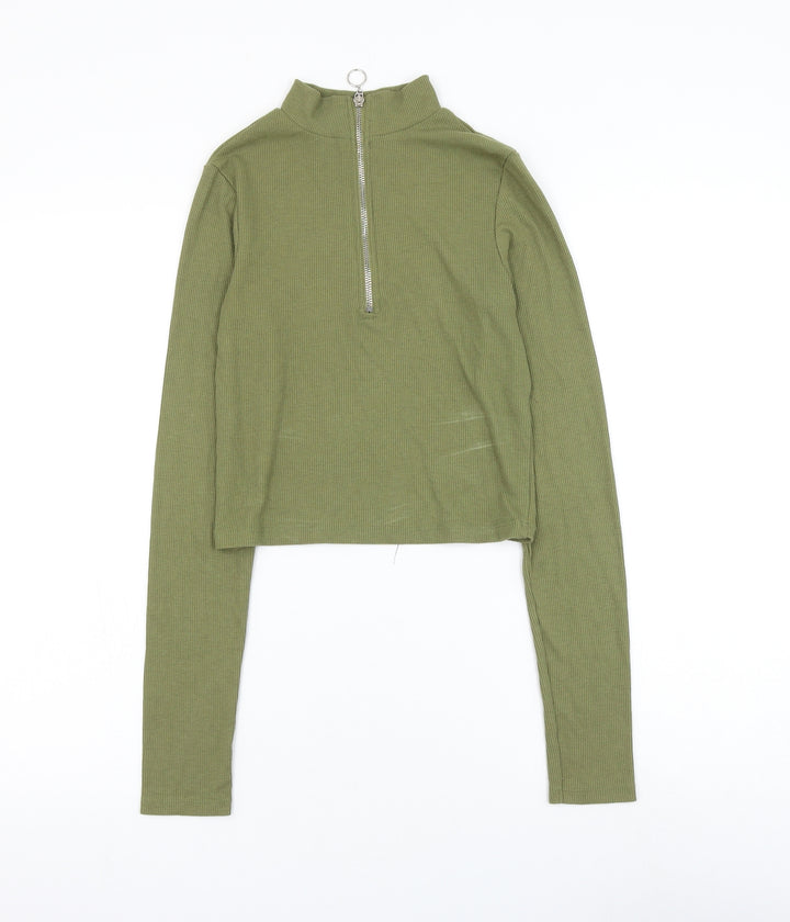 Stradivarius Womens Green Polyester Cropped Blouse Size S Mock Neck