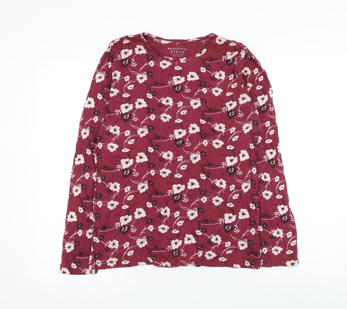 Peacocks Womens Red Floral Cotton Basic T-Shirt Size 16 Round Neck