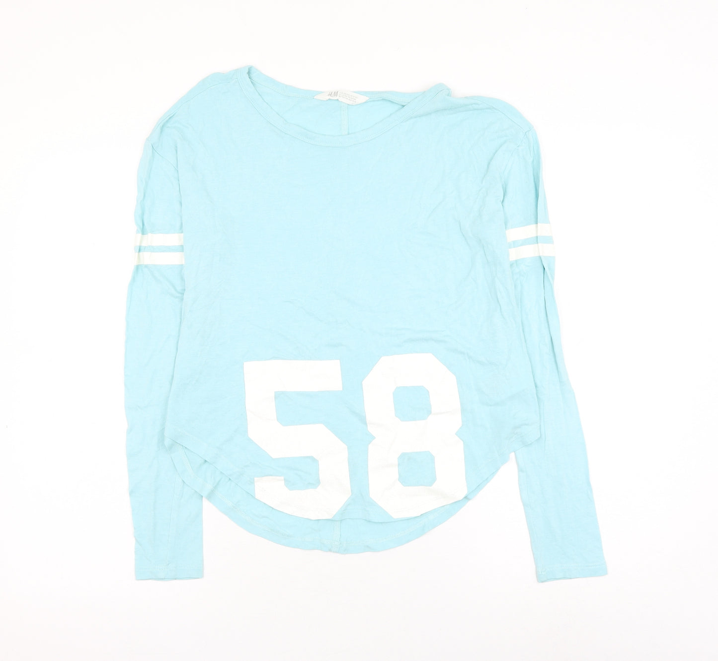 H&M Girls Blue Viscose Basic T-Shirt Size 13-14 Years Round Neck Pullover - 58