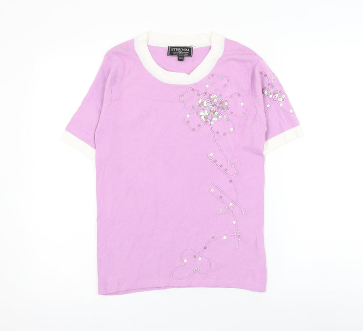 Eternal Womens Pink Nylon Basic Blouse Size 10 Round Neck - Flower