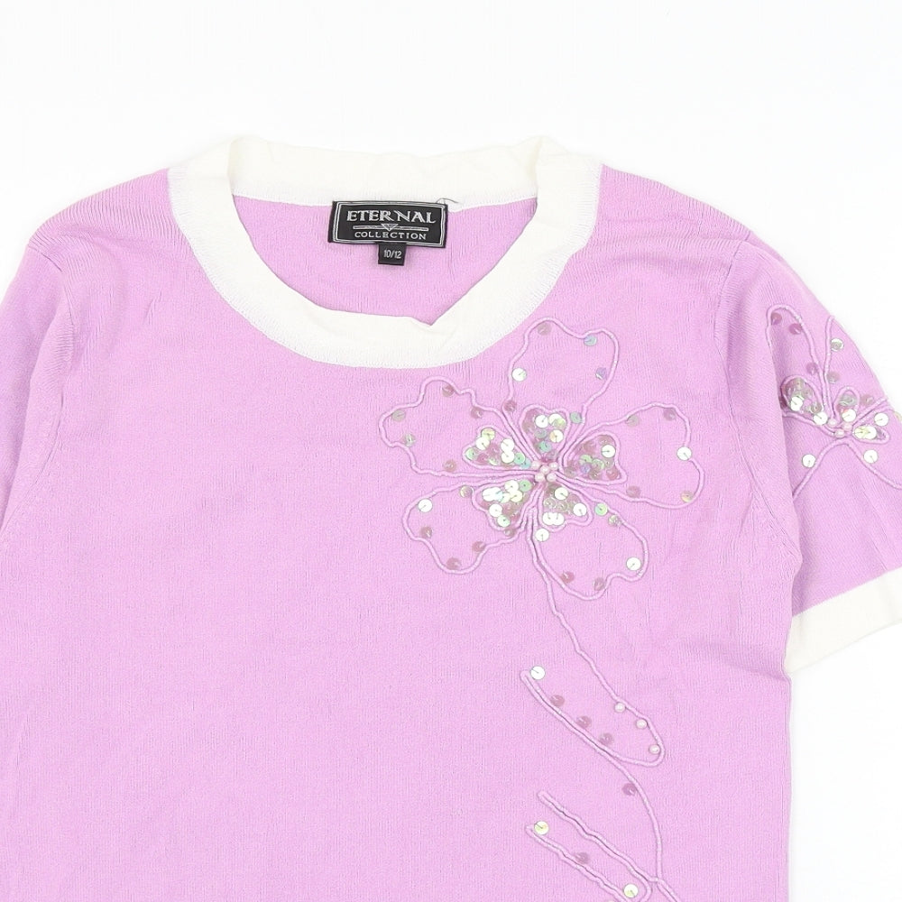 Eternal Womens Pink Nylon Basic Blouse Size 10 Round Neck - Flower