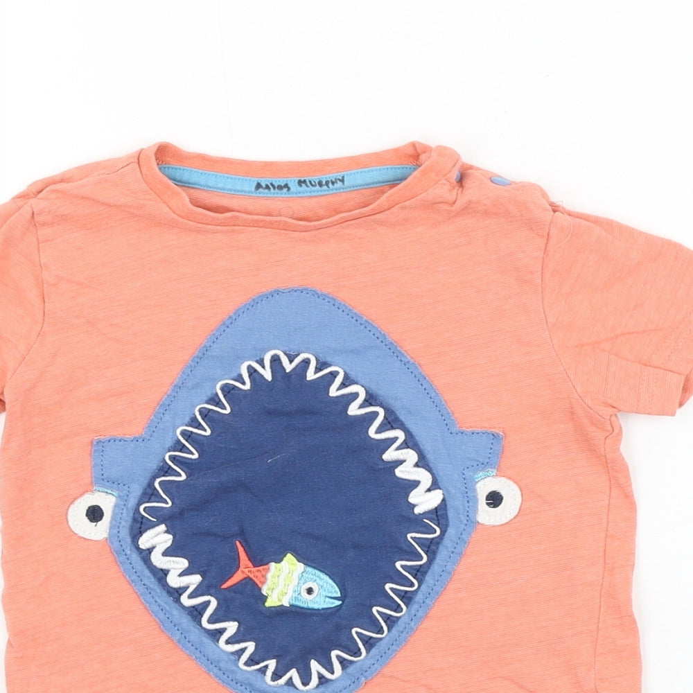 motherc Boys Orange Cotton Basic T-Shirt Size 3-4 Years Round Neck Pullover - Shark