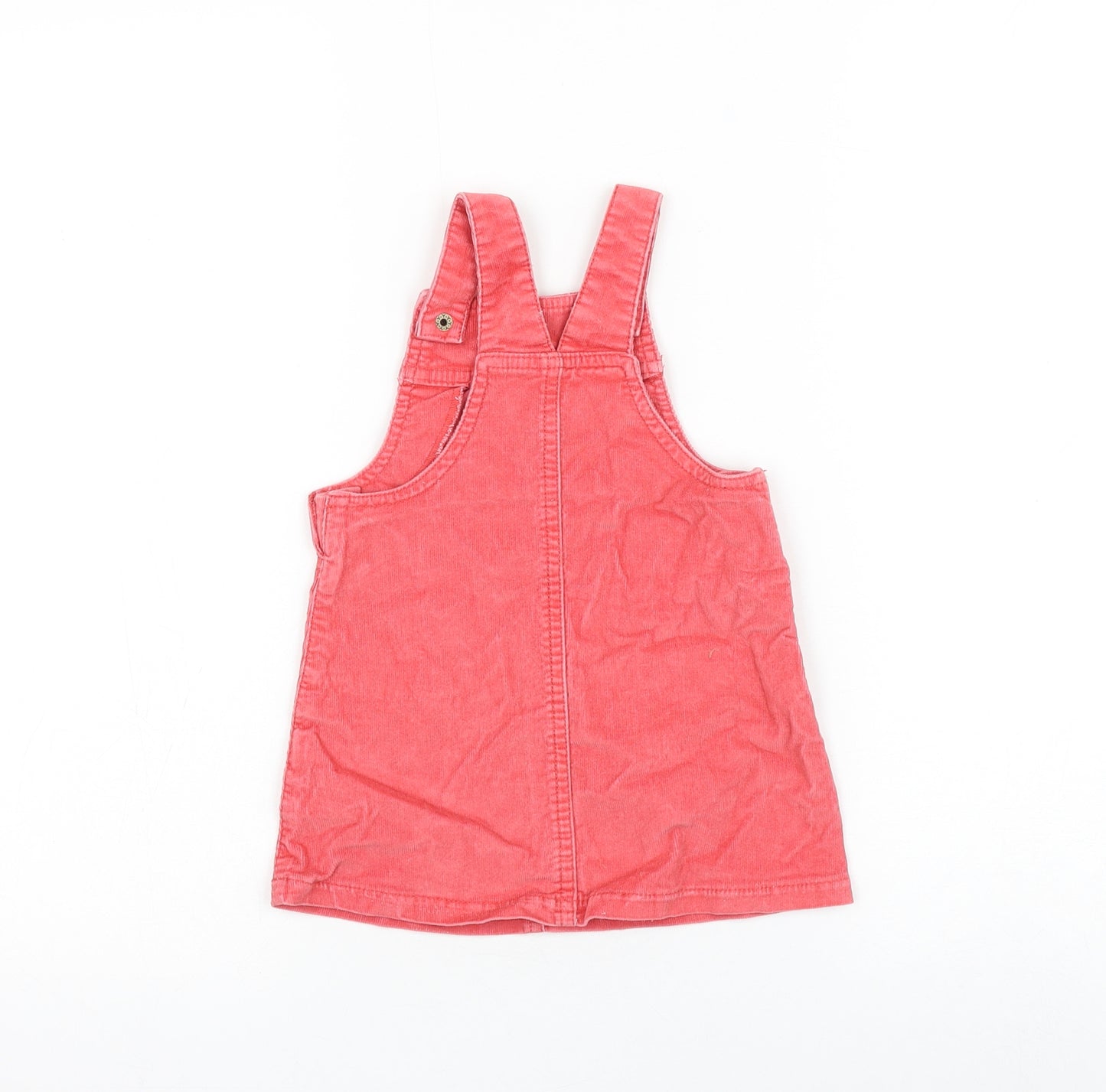 F&F Girls Pink Cotton Pinafore/Dungaree Dress Size 12-18 Months Square Neck Button