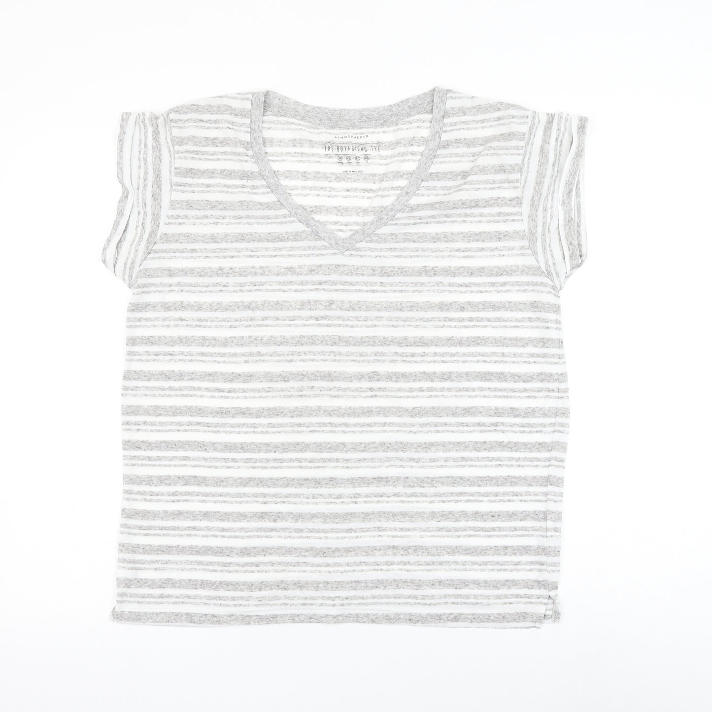 Atmosphere Womens White Striped Polyester Basic T-Shirt Size 14 V-Neck
