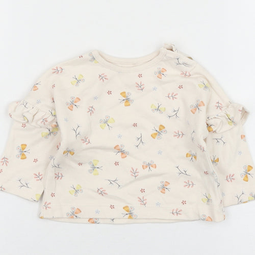 George Girls Beige Geometric Cotton Basic T-Shirt Size 0-3 Months Round Neck Button - butt
