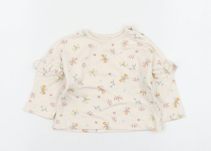 George Girls Beige Geometric Cotton Basic T-Shirt Size 0-3 Months Round Neck Button - butt