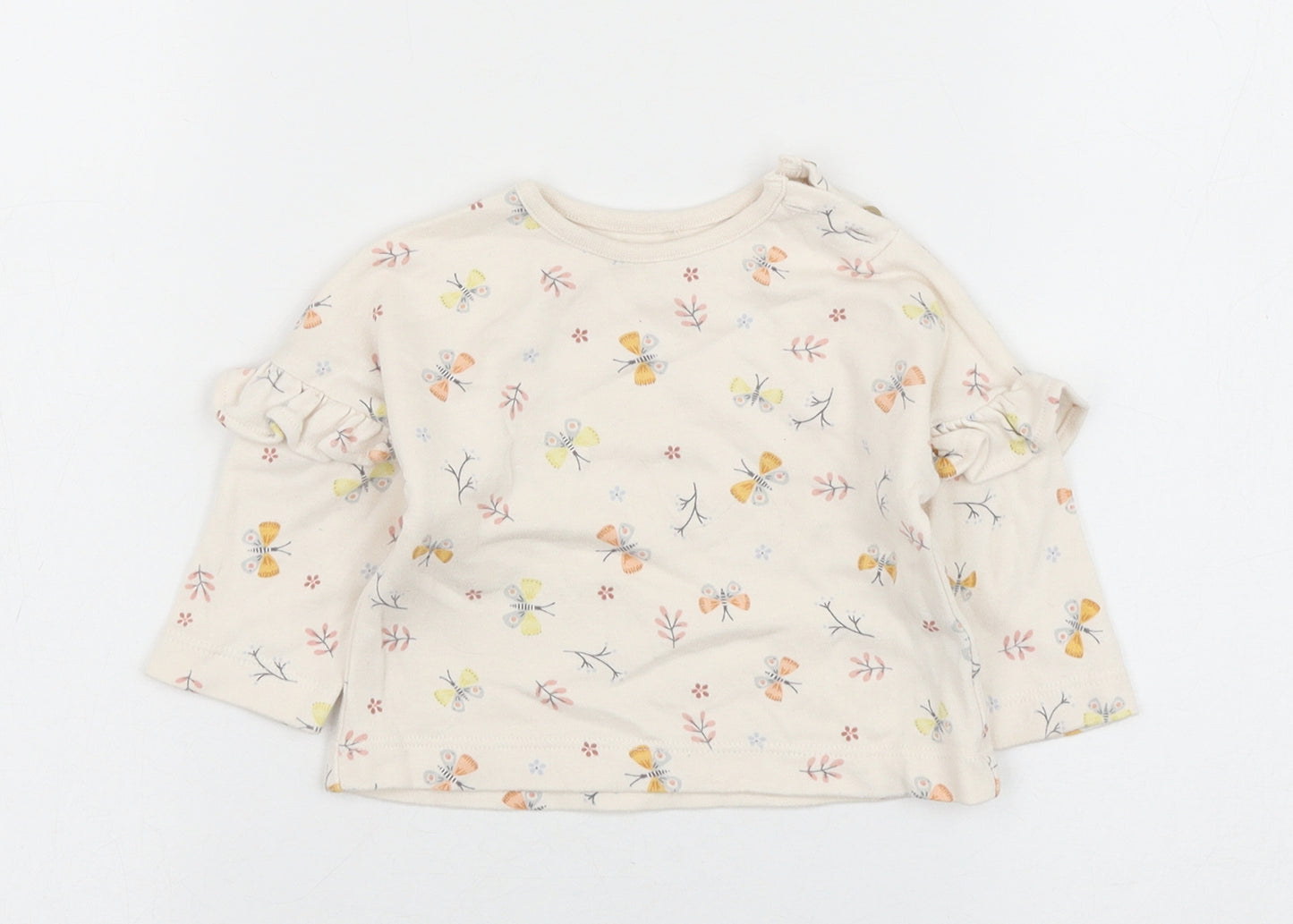 George Girls Beige Geometric Cotton Basic T-Shirt Size 0-3 Months Round Neck Button - butt