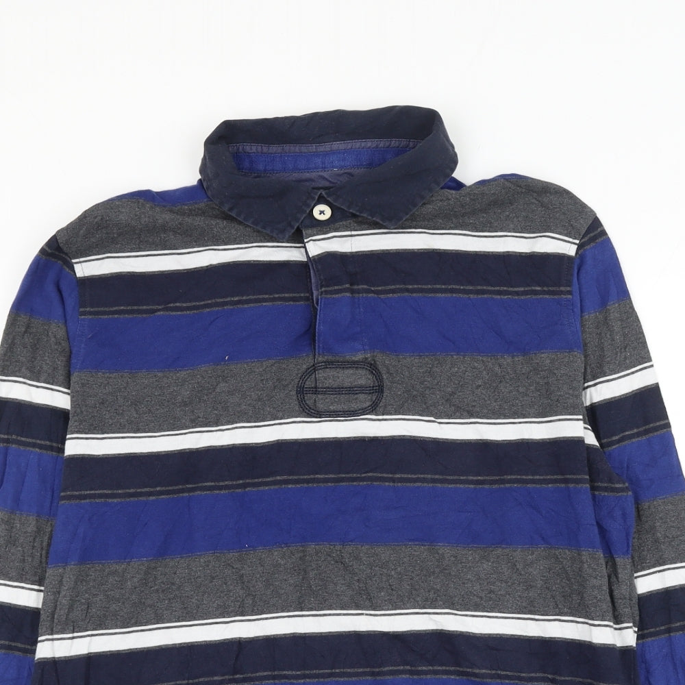 Marks and Spencer Mens Blue Striped Cotton Polo Size M Collared Button
