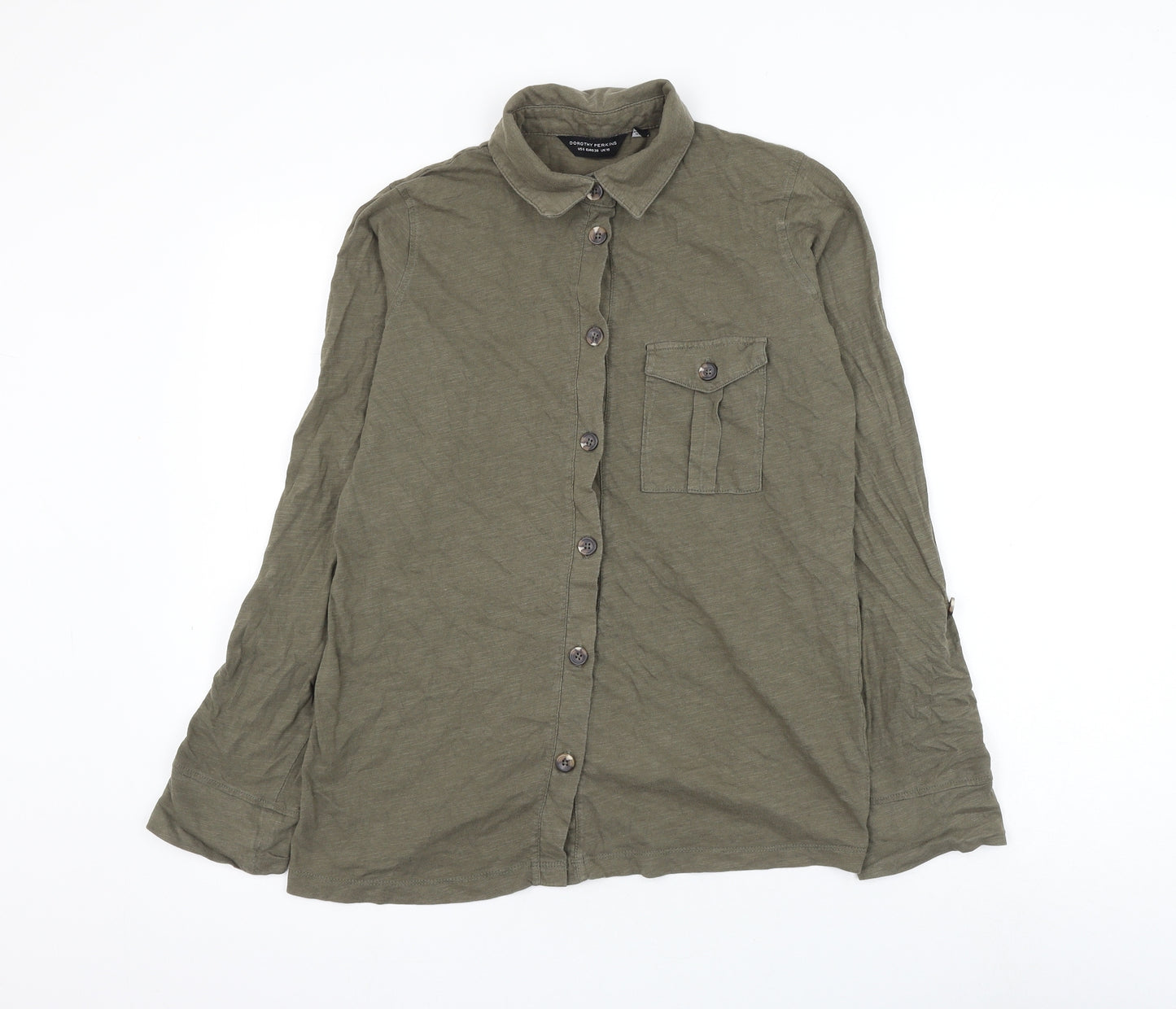 Dorothy Perkins Womens Green Cotton Basic Button-Up Size 10 Collared