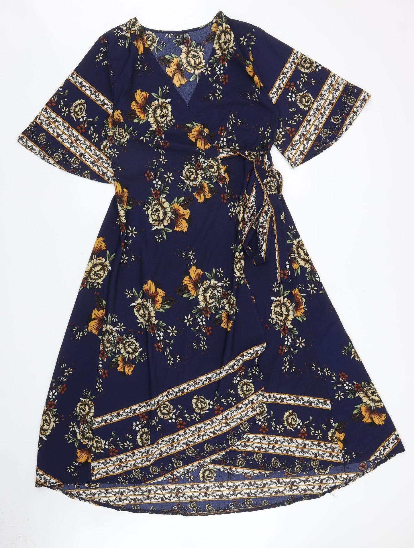 Izabel Womens Blue Floral Polyester Wrap Dress Size 12 V-Neck Tie
