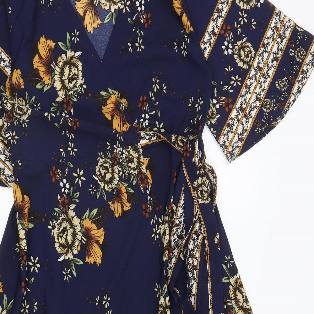Izabel Womens Blue Floral Polyester Wrap Dress Size 12 V-Neck Tie