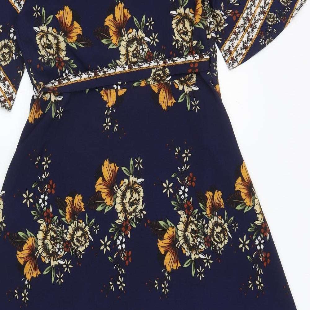 Izabel Womens Blue Floral Polyester Wrap Dress Size 12 V-Neck Tie