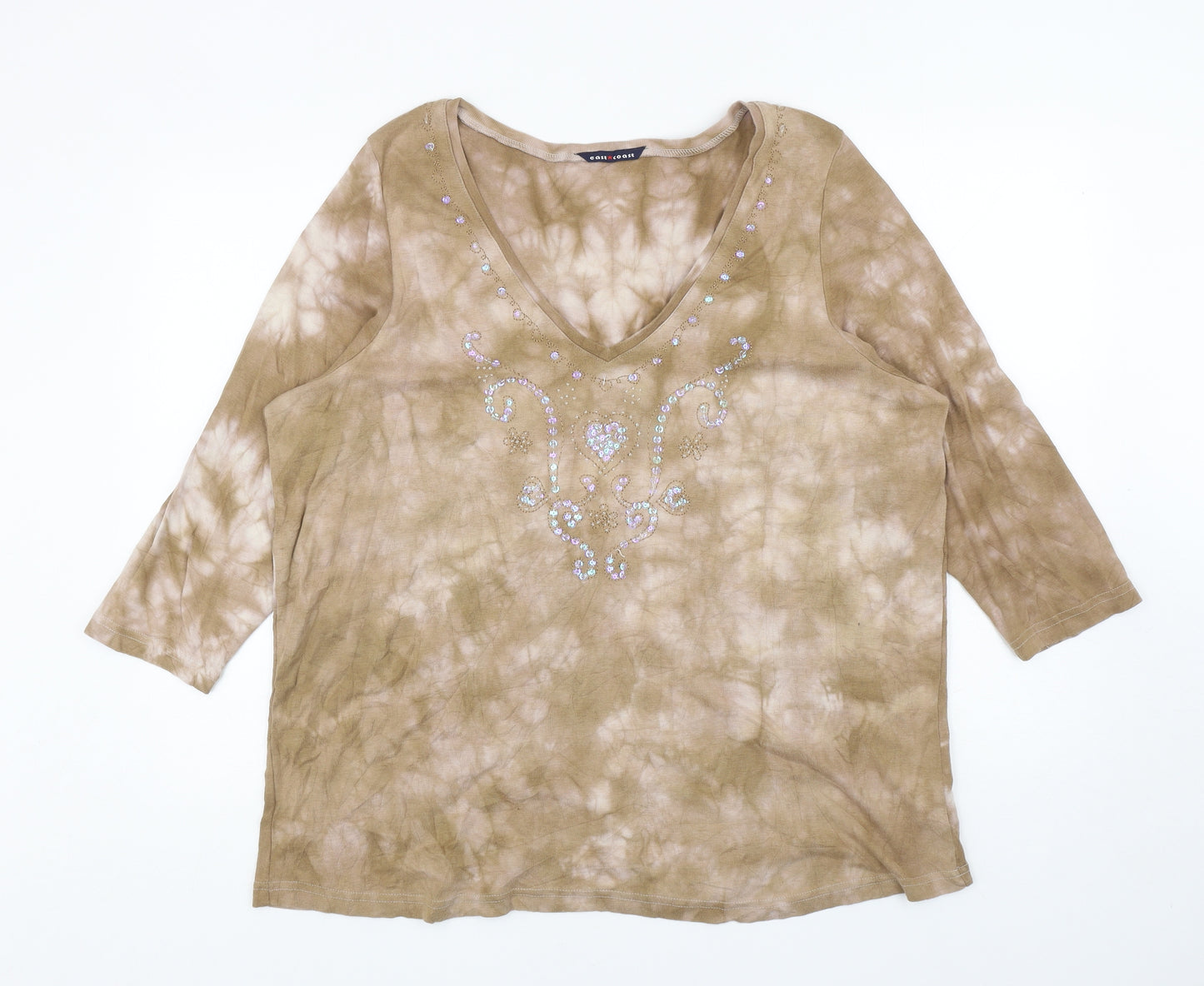 East Coast Womens Brown Cotton Basic T-Shirt Size 24 V-Neck - Hearts, Tie Dye