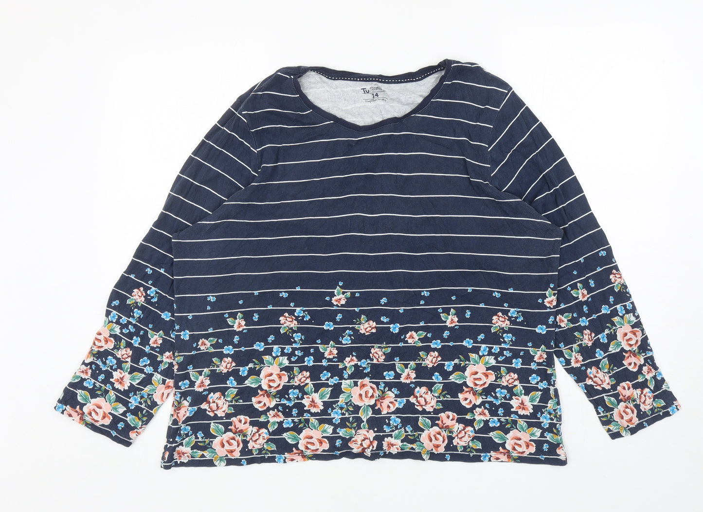 TU Womens Blue Striped Cotton Basic T-Shirt Size 24 Boat Neck - Floral