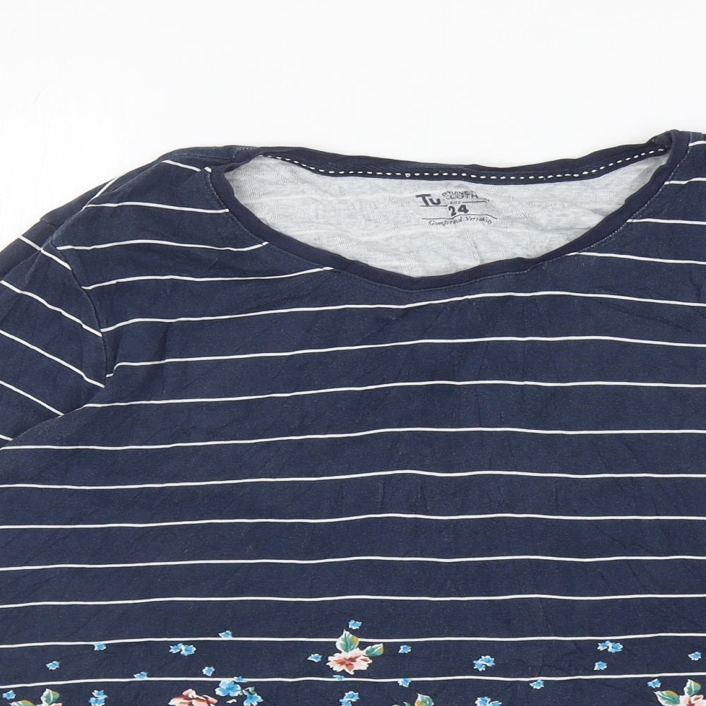 TU Womens Blue Striped Cotton Basic T-Shirt Size 24 Boat Neck - Floral