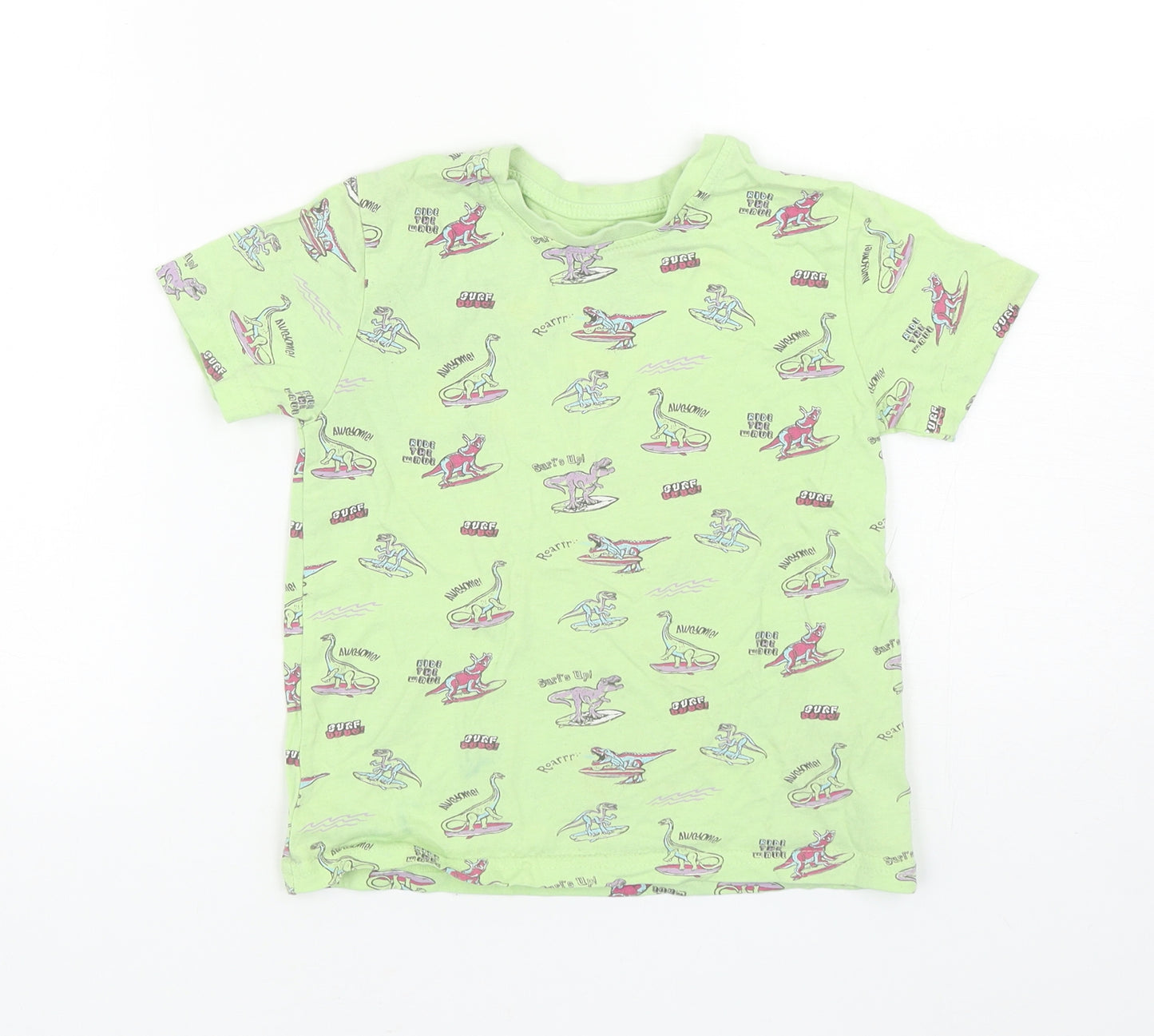 Primark Boys Green Geometric Cotton Basic T-Shirt Size 5-6 Years Round Neck Pullover - Dinosaurs