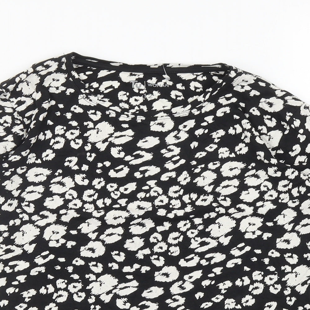 TU Womens Black Animal Print Cotton Basic T-Shirt Size 12 Boat Neck - Leopard Print