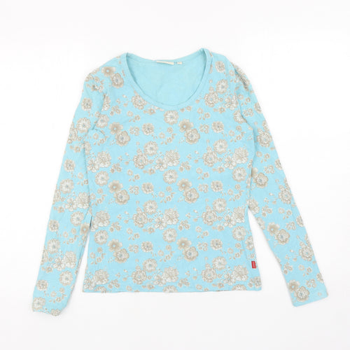 Jackpot Womens Blue Floral Cotton Basic T-Shirt Size L Scoop Neck