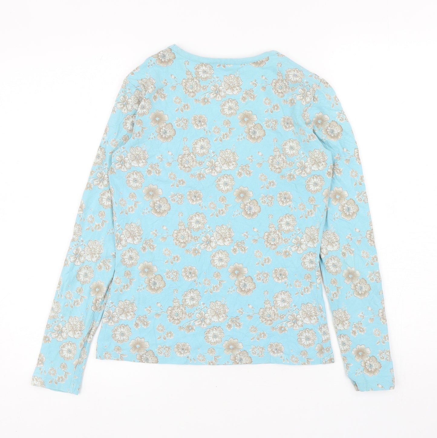 Jackpot Womens Blue Floral Cotton Basic T-Shirt Size L Scoop Neck