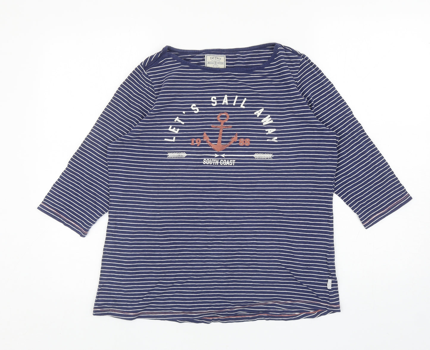 Fat Face Womens Blue Striped Cotton Basic T-Shirt Size 12 Boat Neck - Lets Sail Away