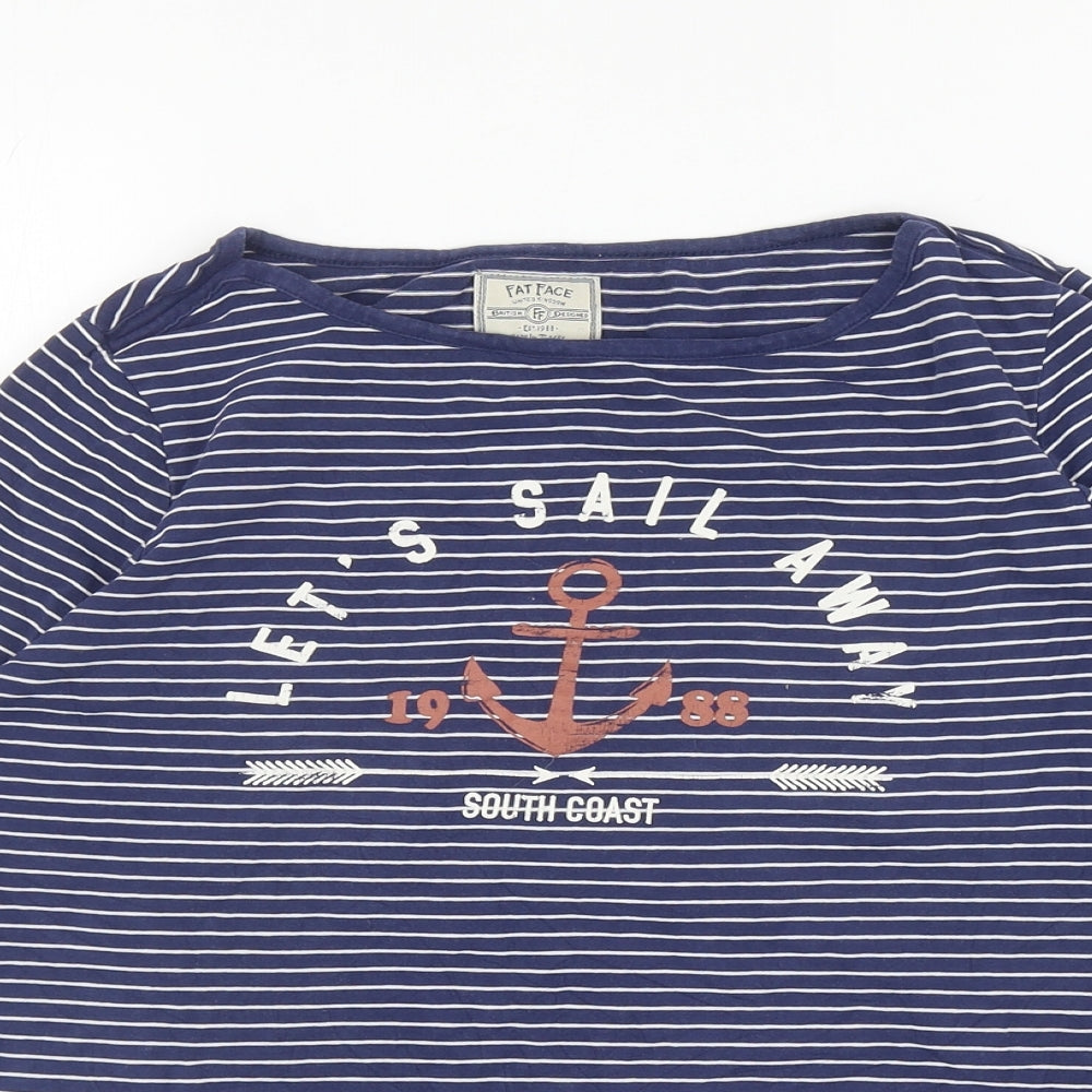 Fat Face Womens Blue Striped Cotton Basic T-Shirt Size 12 Boat Neck - Lets Sail Away