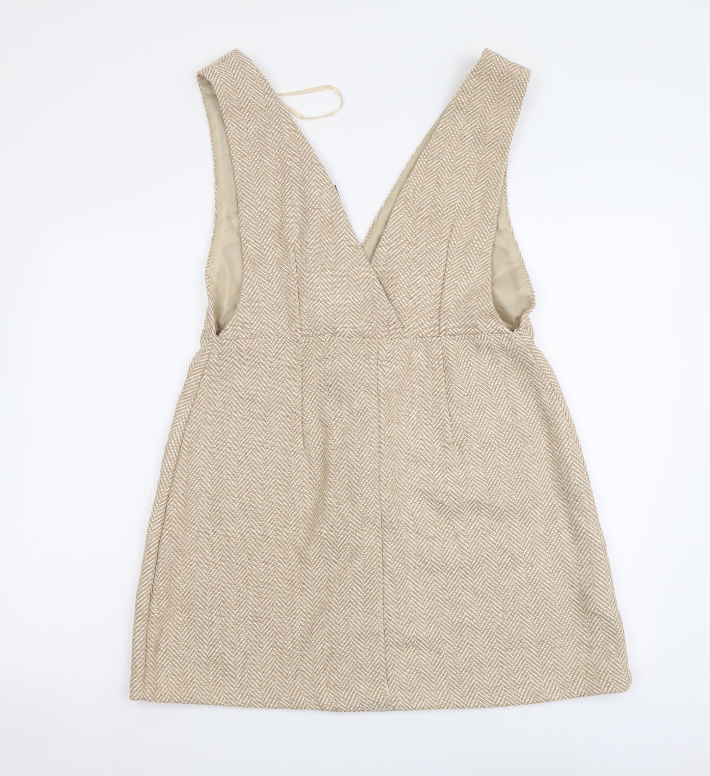 Primark Womens Beige Herringbone Polyester Pinafore/Dungaree Dress Size 14 V-Neck Pullover